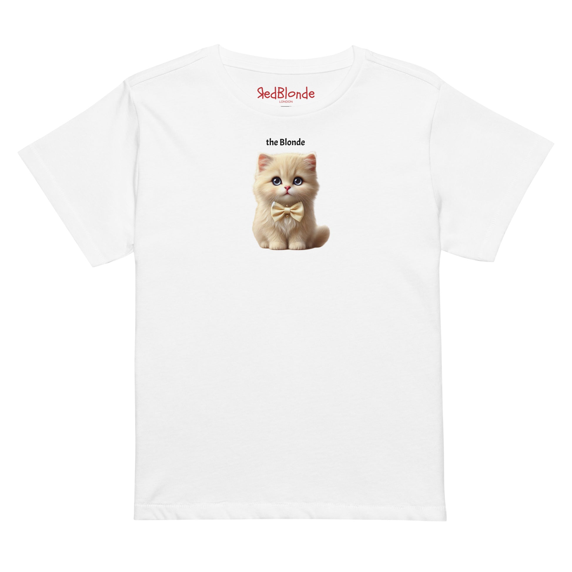 Flatlay of high waisted relaxed white t-shirt with cute graphic of blonde kitten wearing a bow-tie and the words 'the Blonde' linking to Blonde hair. Branded RedBlonde on inside neck 