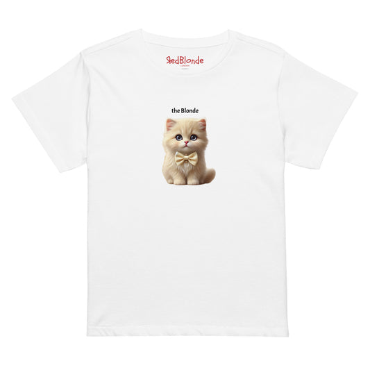 Flatlay of high waisted relaxed white t-shirt with cute graphic of blonde kitten wearing a bow-tie and the words 'the Blonde' linking to Blonde hair. Branded RedBlonde on inside neck 
