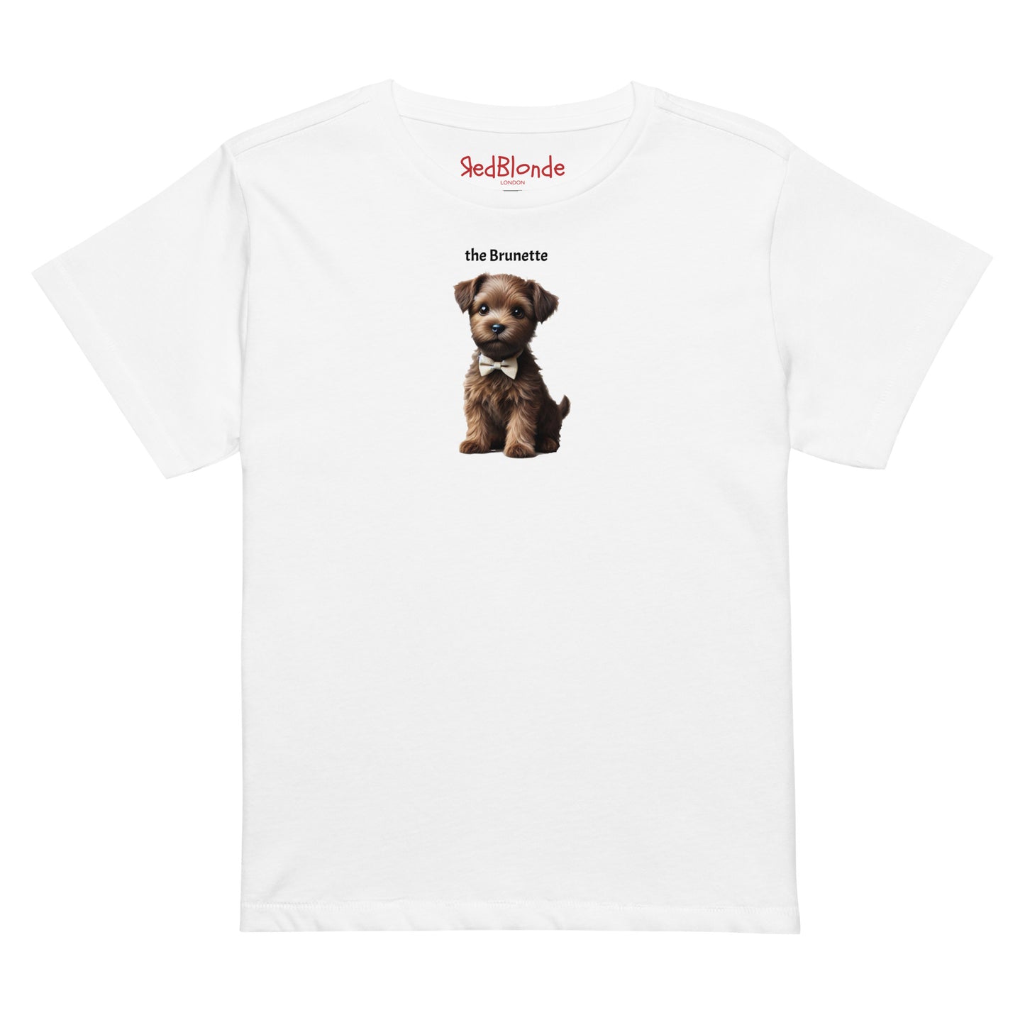 Flatlay of high waisted relaxed white t-shirt with cute graphic of brown/brunette puppy wearing a bow-tie and the words 'the Brunette' linking to brown/brunette hair. It's branded Redblonde on the inside neck