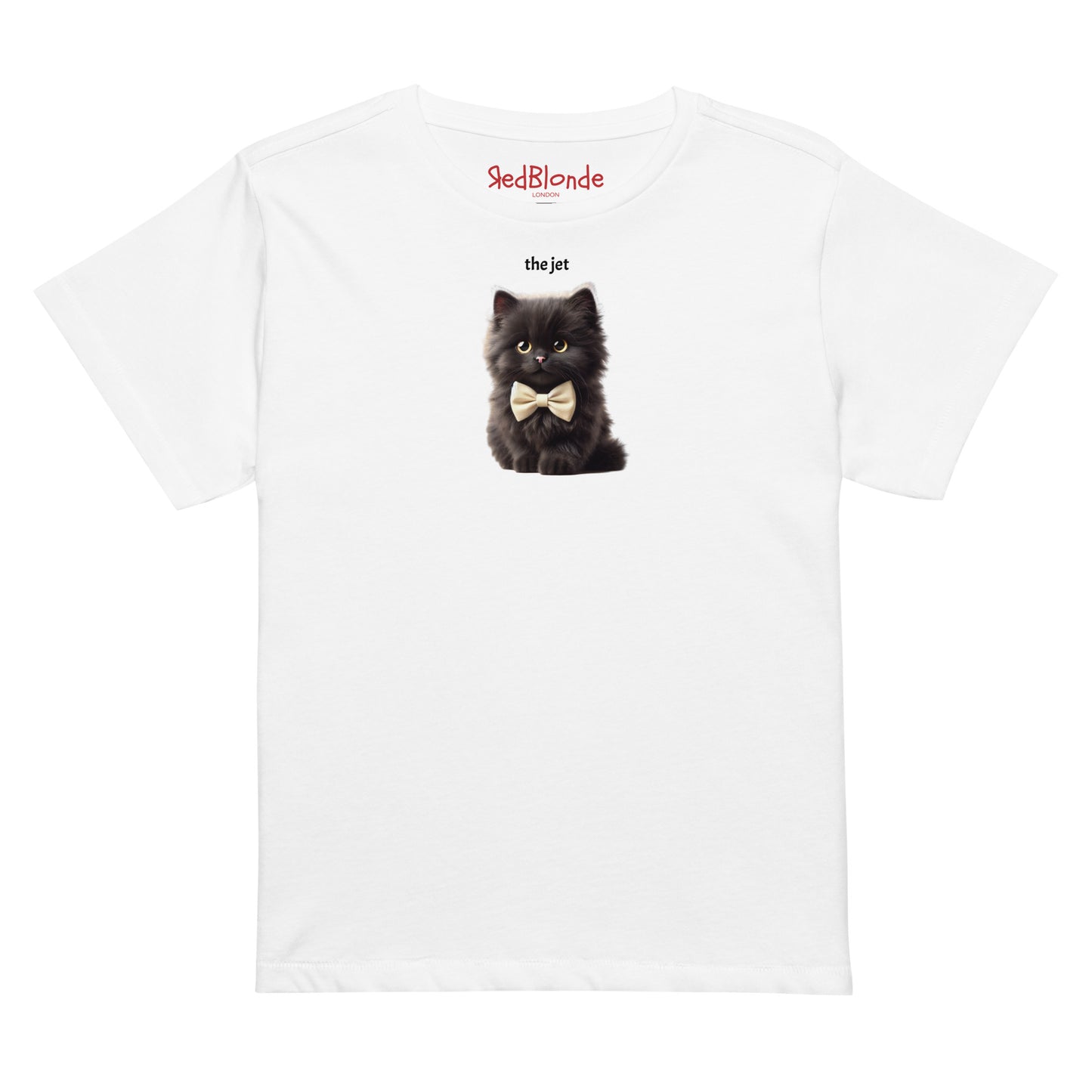flatlay of high waisted relaxed white t-shirt with cute graphic of jet black kitten wearing a bow-tie and the words 'the Jet' linking to jet black raven hair. Branded RedBlonde on inside neck