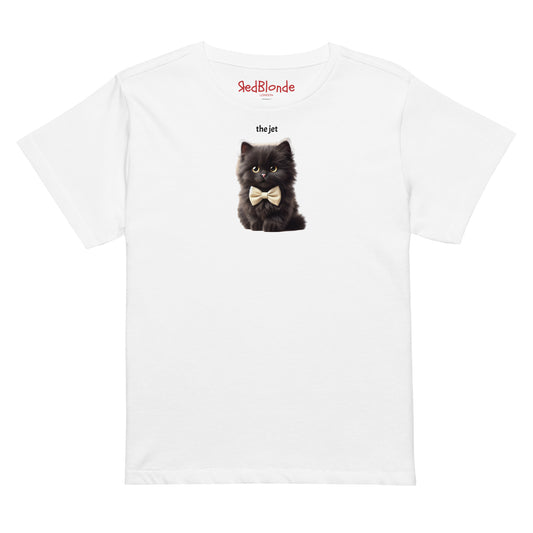 flatlay of high waisted relaxed white t-shirt with cute graphic of jet black kitten wearing a bow-tie and the words 'the Jet' linking to jet black raven hair. Branded RedBlonde on inside neck