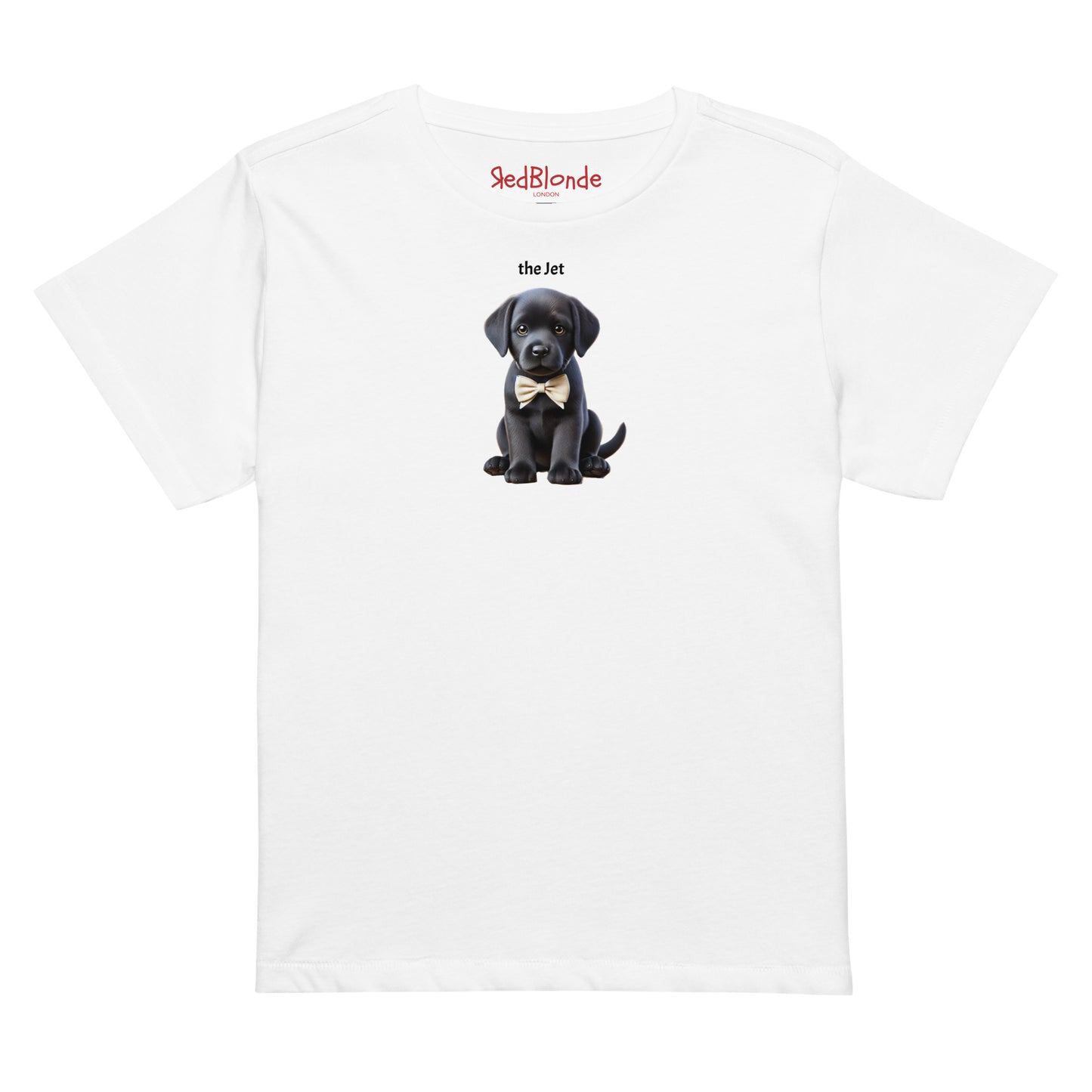 Flatlay of high waisted relaxed white t-shirt with cute graphic of jet black puppy wearing a bow-tie and the words 'the Jet' linking to black hair. It's branded Redblonde on the inside neck mockup