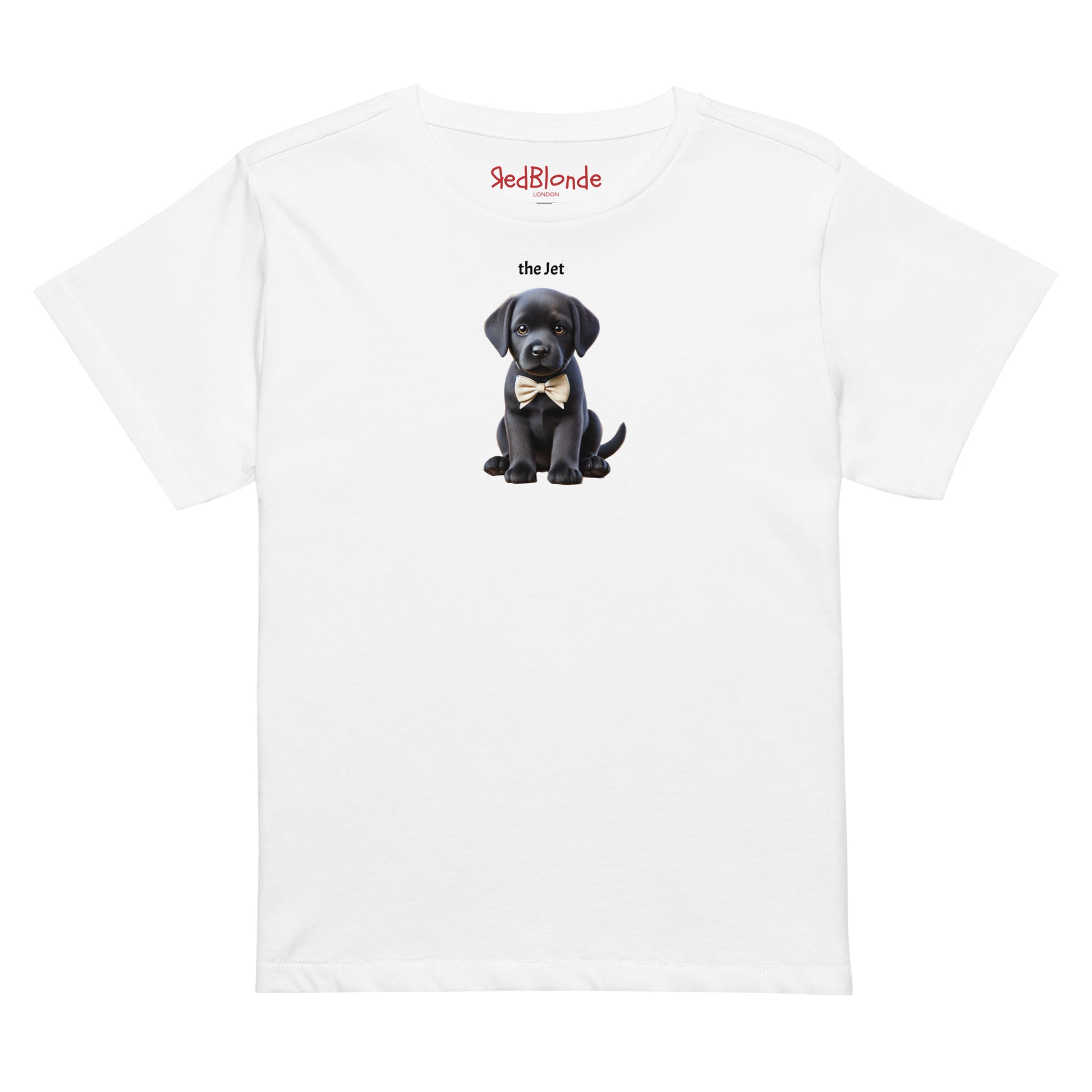 Flatlay of high waisted relaxed white t-shirt with cute graphic of jet black puppy wearing a bow-tie and the words 'the Jet' linking to black hair. It's branded Redblonde on the inside neck mockup