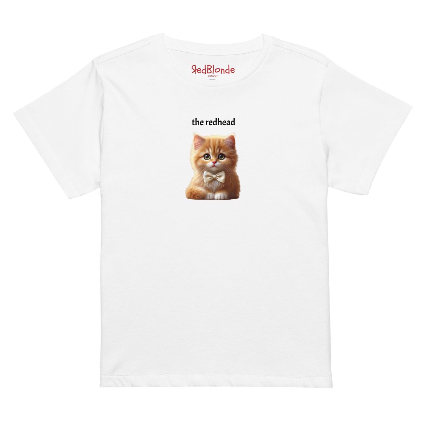 Flatlay of high waisted relaxed white t-shirt with cute graphic of red/ginger/auburn kitten wearing a bow-tie and the words 'the Redhead' linking to red/ginger/auburn hair. Branded RedBlonde on inside neck