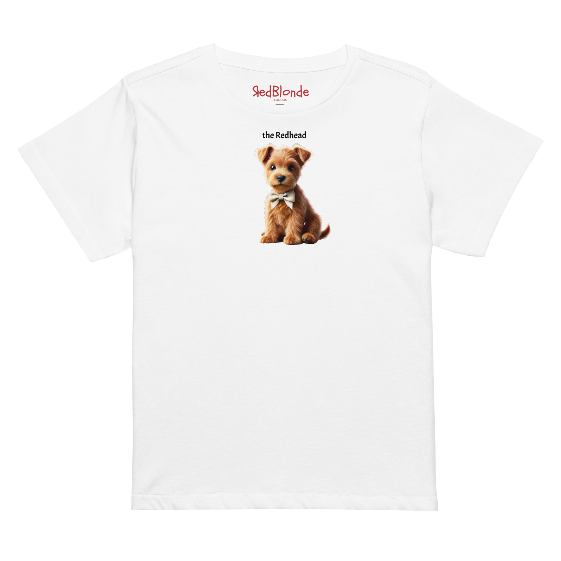flatlay high waisted relaxed white t-shirt with cute graphic of red/ginger puppy wearing a bow-tie and the words 'the Redhead' linking to red/ginger/auburn hair.  Branded Redblonde on inside neck
