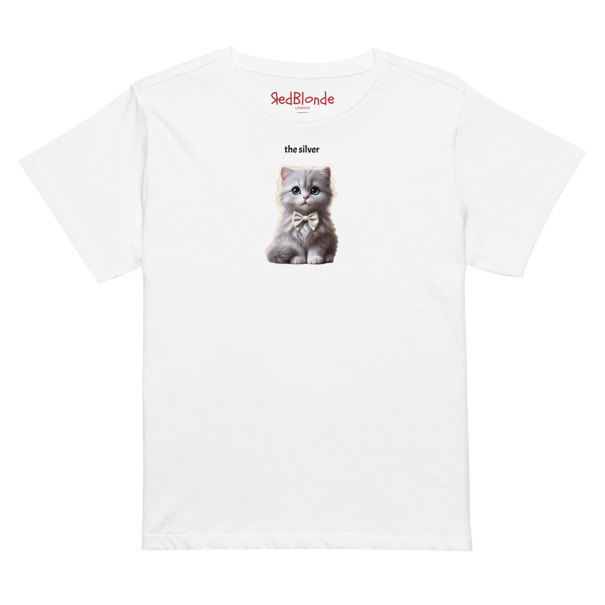 flatlay of high waisted relaxed white t-shirt with cute graphic of silver kitten wearing a bow-tie and the words 'the Silver' linking to silver/grey hair. Branded RedBlonde on inside neck
