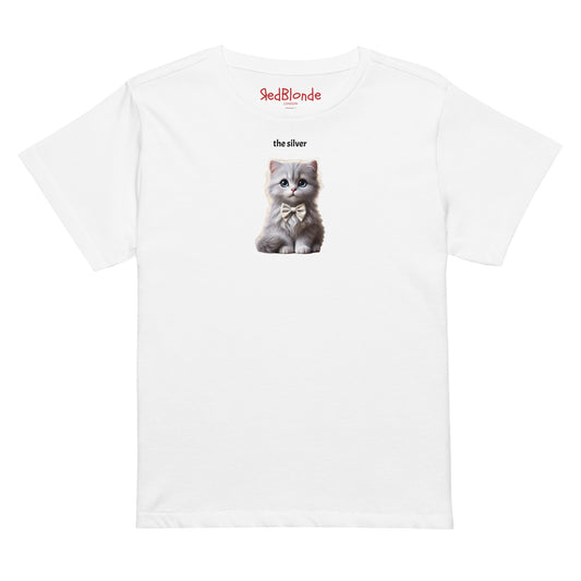 flatlay of high waisted relaxed white t-shirt with cute graphic of silver kitten wearing a bow-tie and the words 'the Silver' linking to silver/grey hair. Branded RedBlonde on inside neck