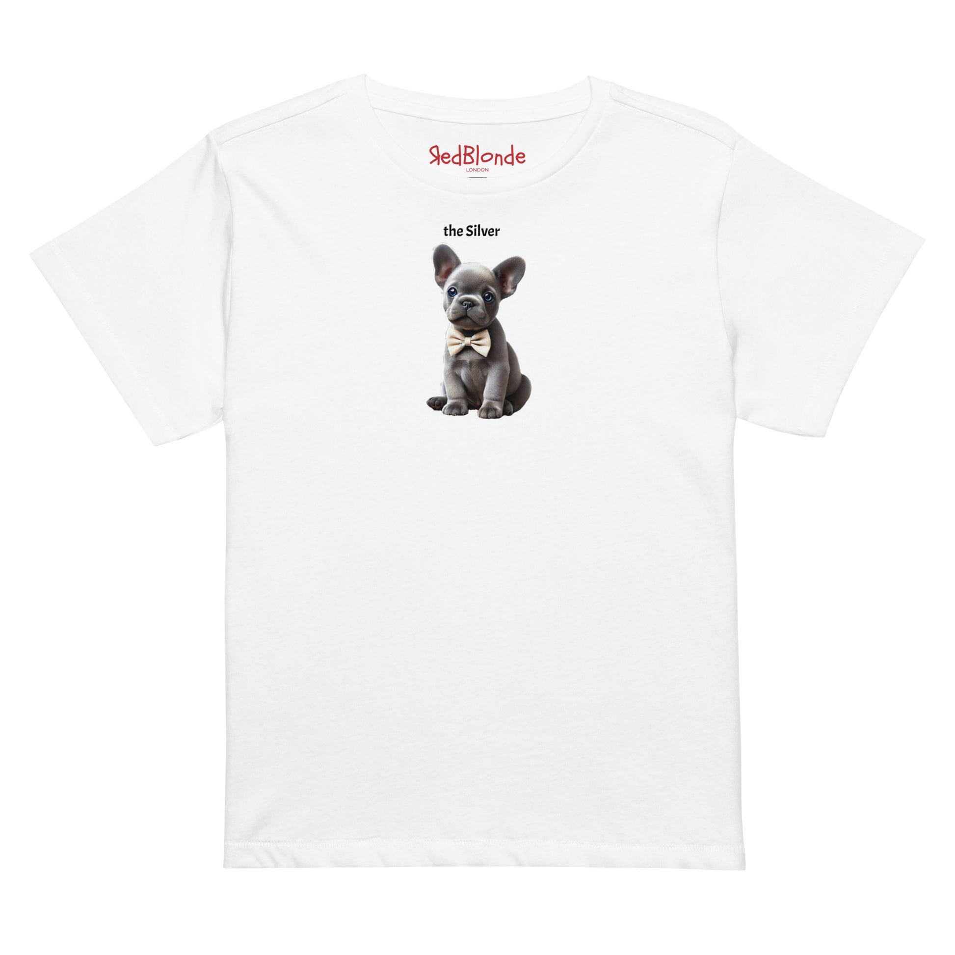 Flatlay of high waisted relaxed white t-shirt with cute graphic of silver puppy wearing a bow-tie and the words 'the Silver' linking to silver/grey hair. It's branded Redblonde on the inside neck