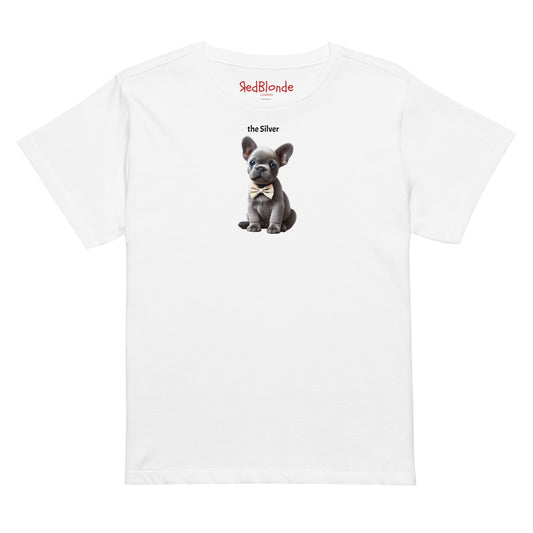 Flatlay of high waisted relaxed white t-shirt with cute graphic of silver puppy wearing a bow-tie and the words 'the Silver' linking to silver/grey hair. It's branded Redblonde on the inside neck