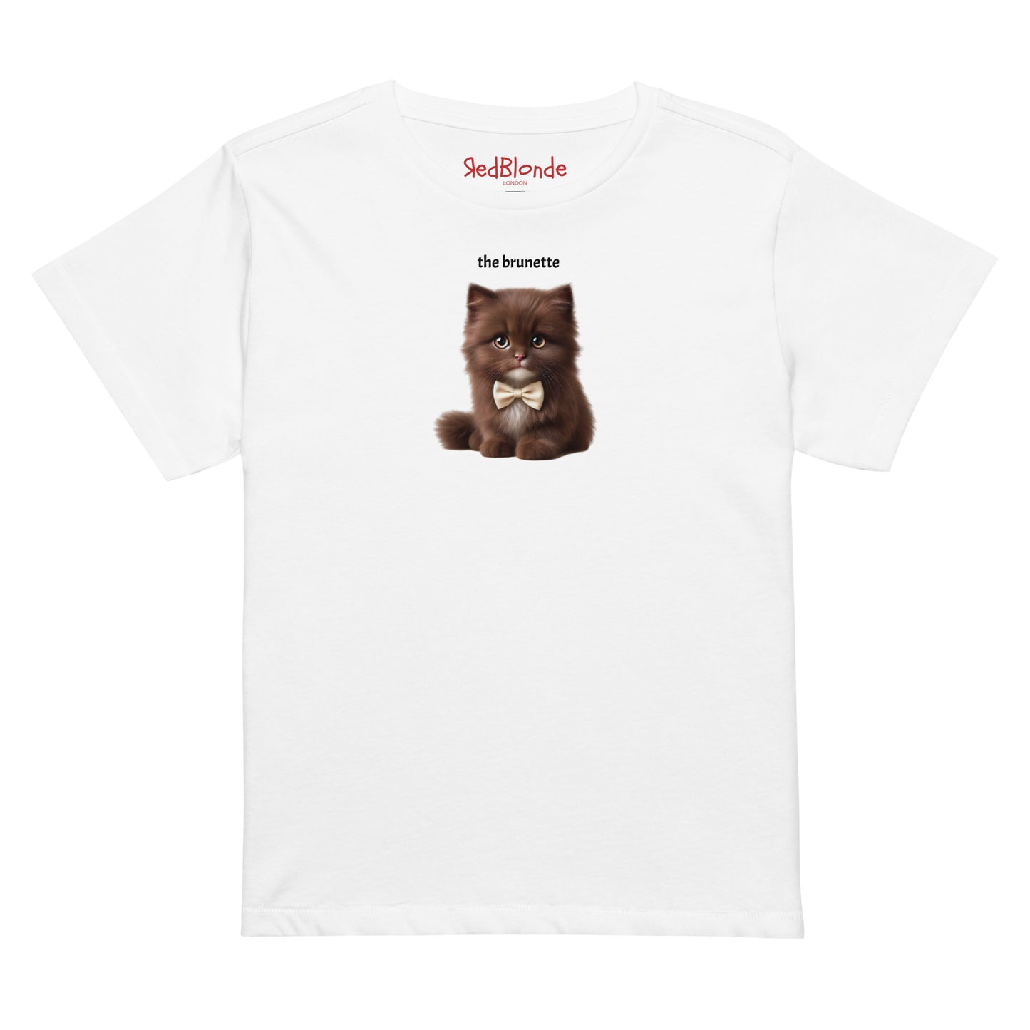 Flatlay of high waisted relaxed white t-shirt with cute graphic of brown/brunette kitten wearing a bow-tie and the words 'the Brunette'. Branded RedBlonde on inside neck