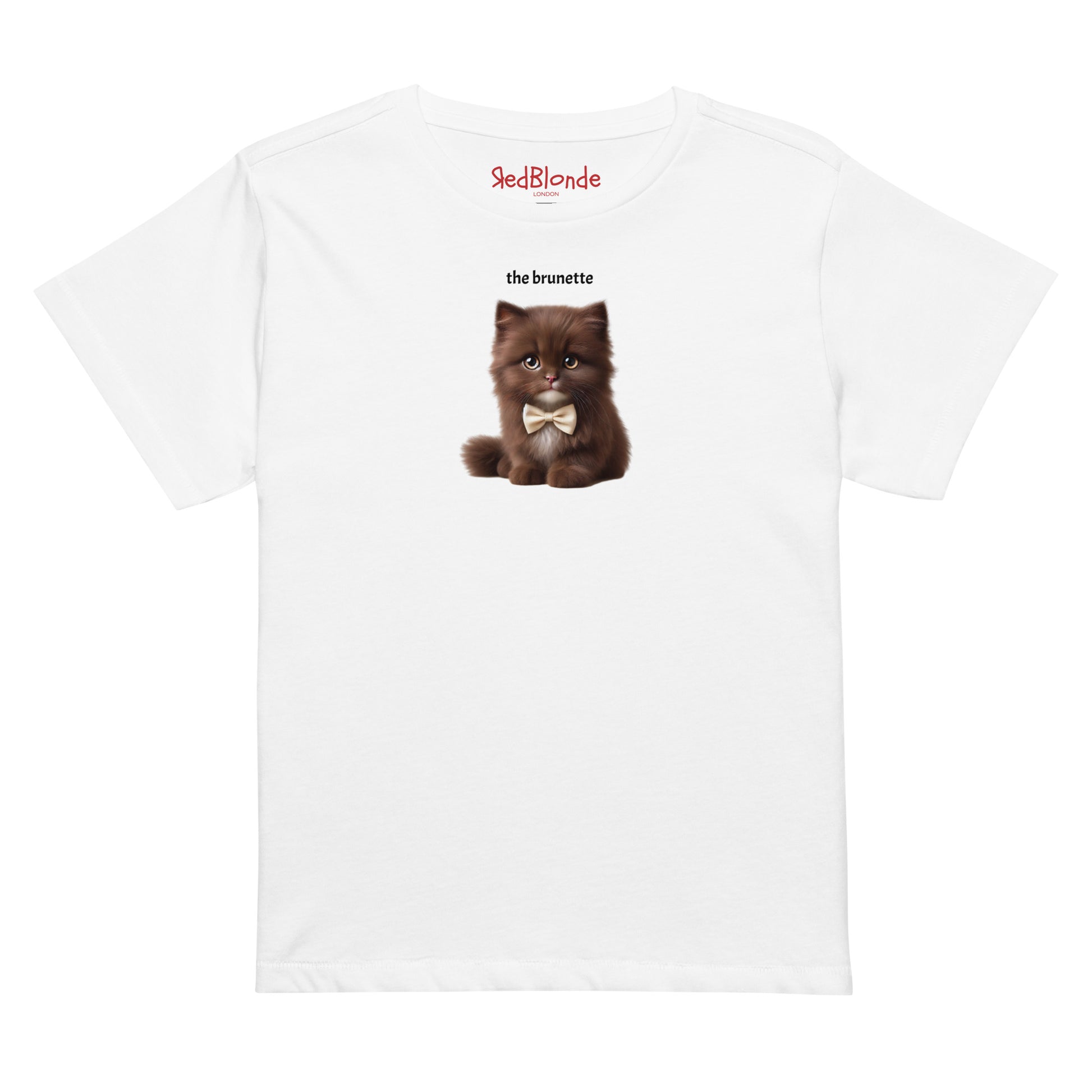 Flatlay of high waisted relaxed white t-shirt with cute graphic of brown/brunette kitten wearing a bow-tie and the words 'the Brunette'. Branded RedBlonde on inside neck