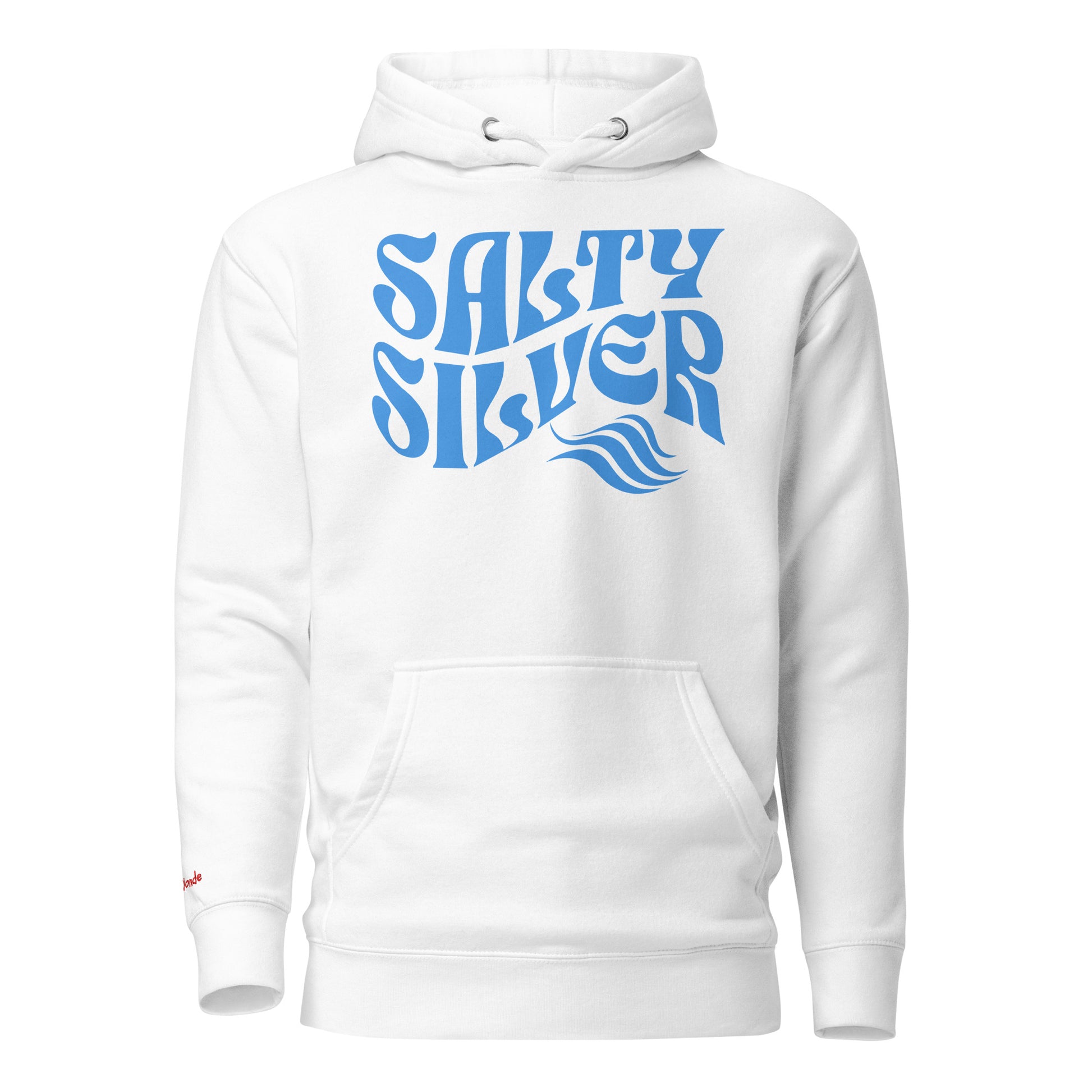 Flatlay of a Classic relaxed fit unisex hoodie in white with 'Salty Silver' play on words slogan in blue retro 70s wavy Solino Display text. branded redblonde on inside neck and right shoulder in red