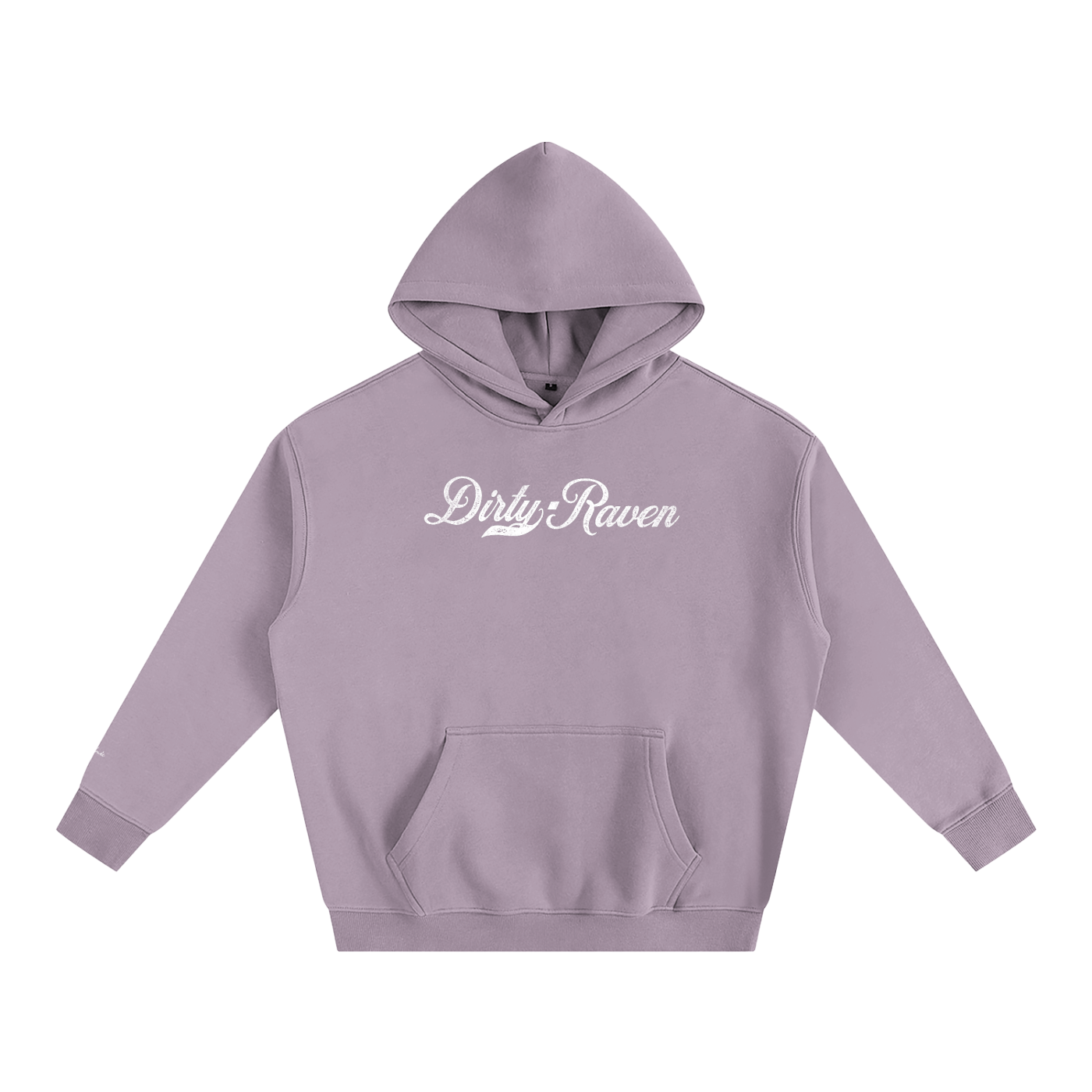 A lavender pullover hoodie laid flat on a white background. It has a kangaroo front pocket and ribbed cuffs and hem. Across the chest is white Milkstore 01 script text reading “Dirty Raven.”