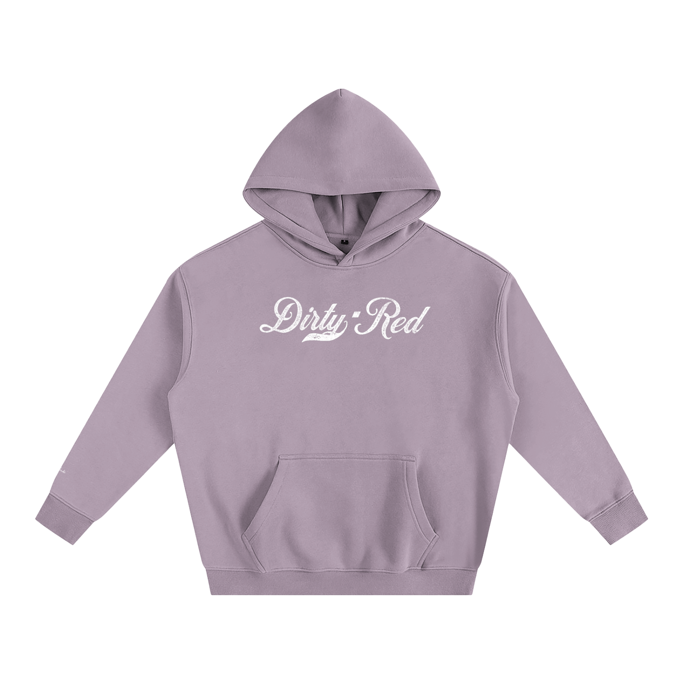 A lavender pullover hoodie laid flat on a white background. It has a kangaroo front pocket and ribbed cuffs and hem. Across the chest is white Milkstore 01 script text reading “Dirty Red.”