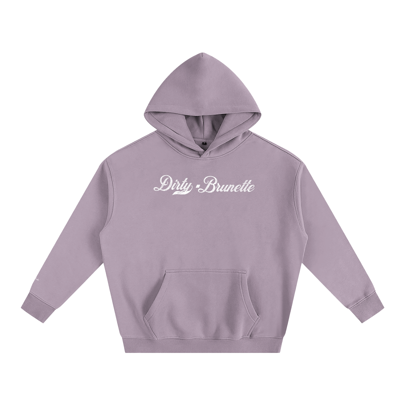 A lavender pullover hoodie laid flat on a white background. It has a kangaroo front pocket and ribbed cuffs and hem. Across the chest is white Milkstore 01 script text reading “Dirty Brunette.”