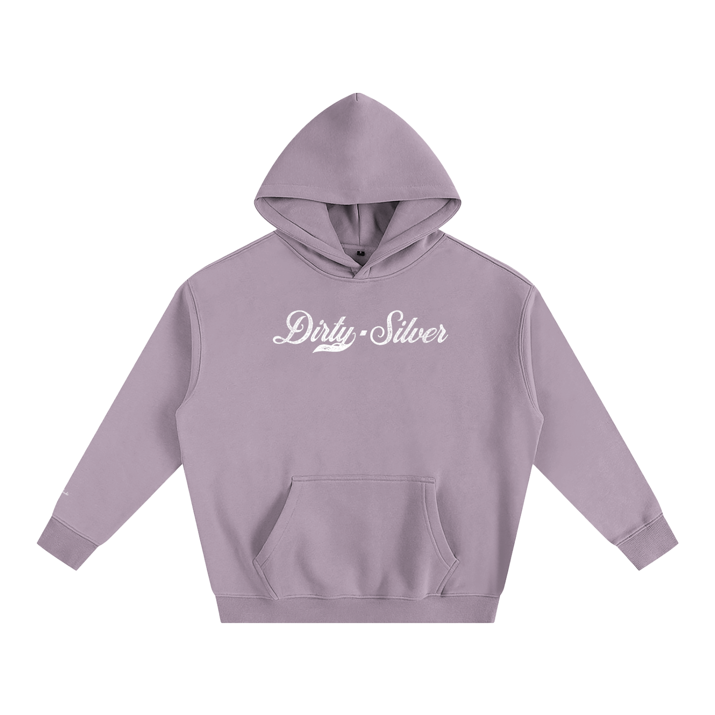 A lavender pullover hoodie laid flat on a white background. It has a kangaroo front pocket and ribbed cuffs and hem. Across the chest is white Milkstore 01 script text reading “Dirty Silver"