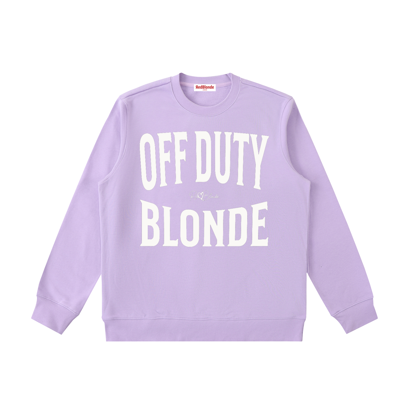 lavender crewneck sweatshirt with a large white “OFF DUTY BLONDE” graphic across the chest and a small RedBlonde script logo centered between the words.