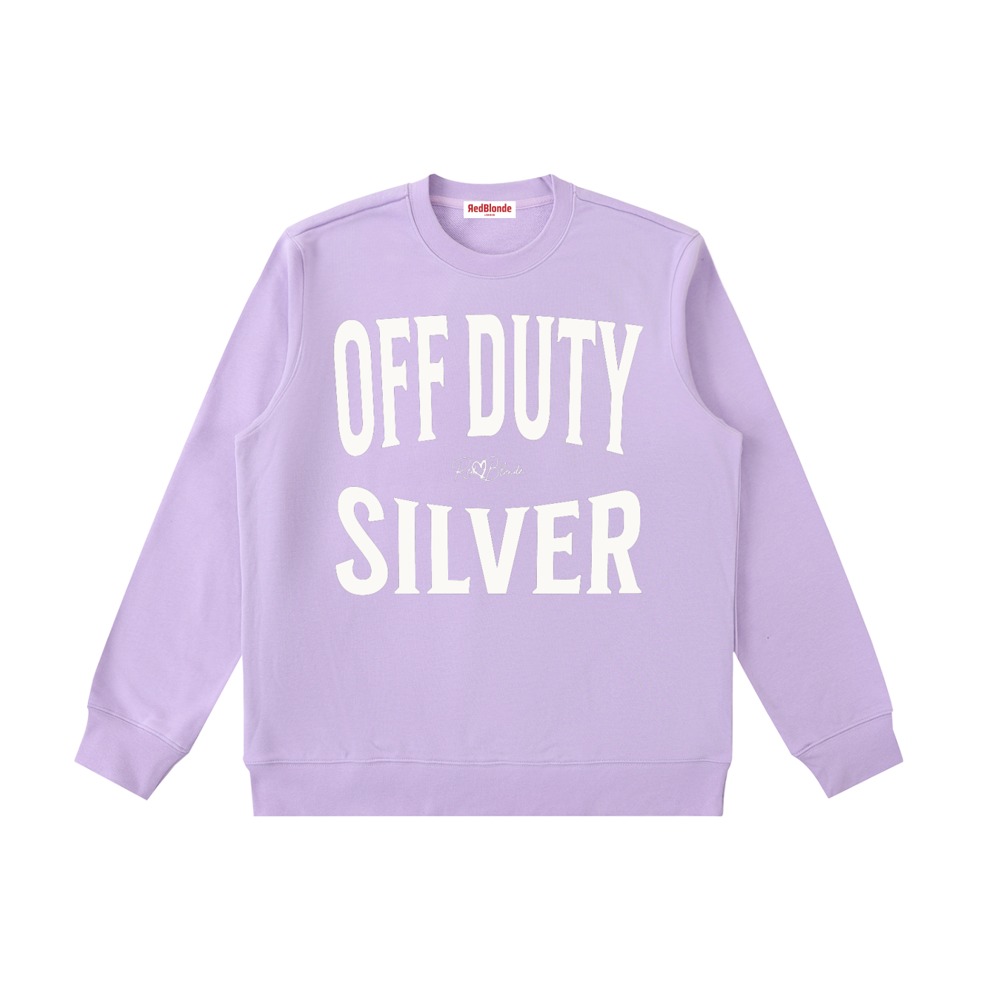 lavender crewneck sweatshirt with a large white “OFF DUTY SILVER” graphic across the chest and a small RedBlonde script logo centered between the words.