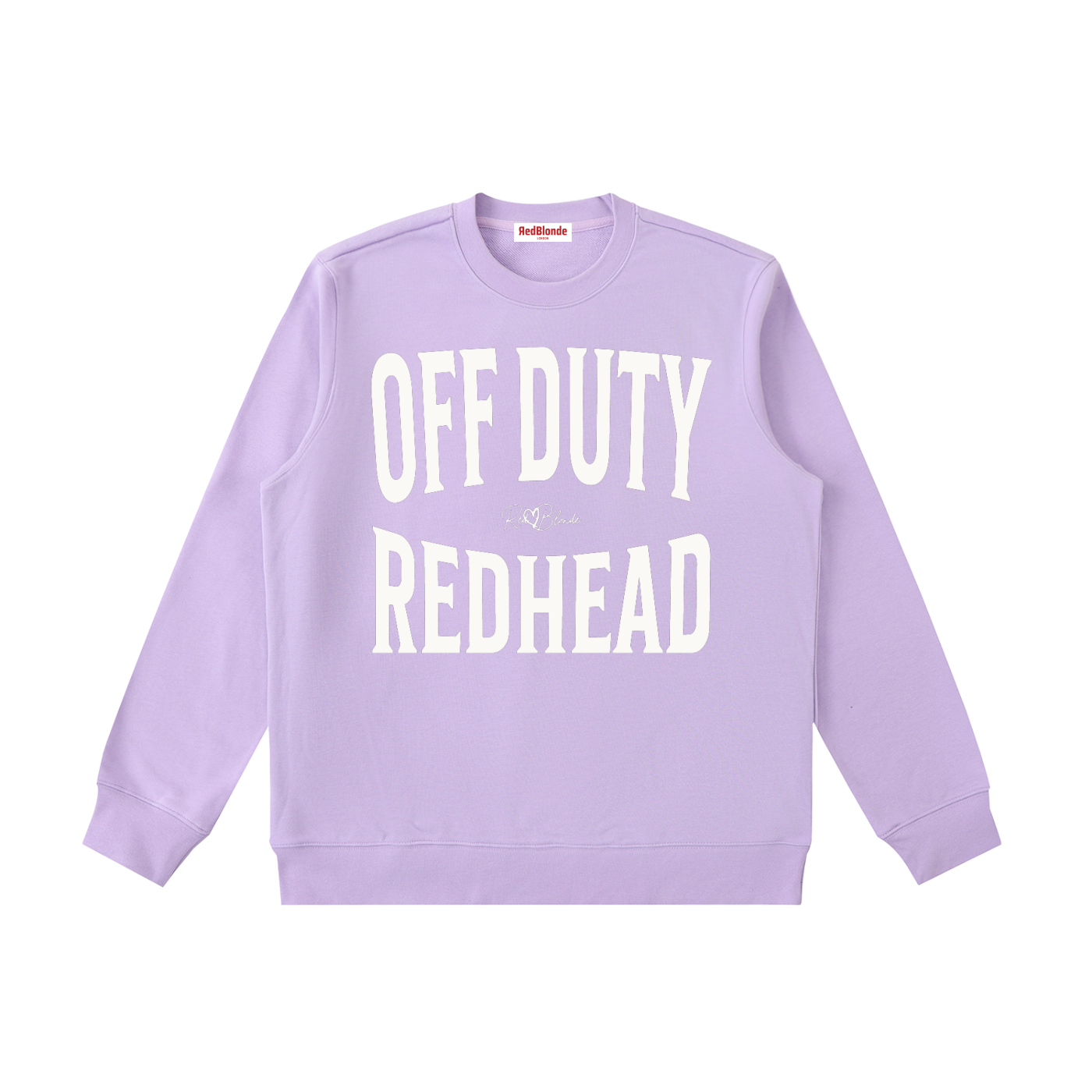 lavender crewneck sweatshirt with a large white “OFF DUTY REDHEAD” graphic across the chest and a small RedBlonde script logo centered between the words.