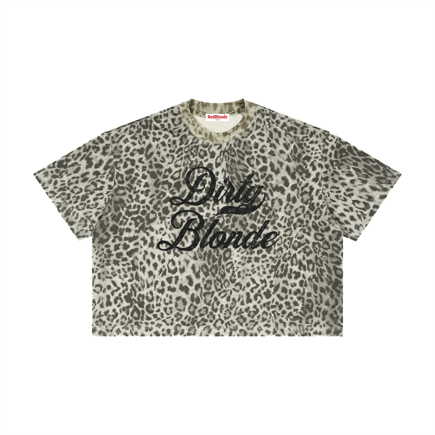 loose boxy T-shirt with an all-over animal print, contrasting ribbed crew neckline, and faded black Dirty Blonde Milkstore script graphic across the front.