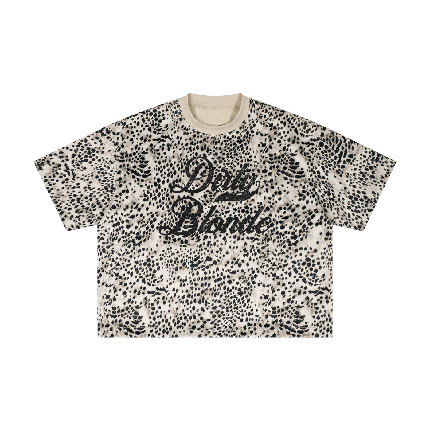 Cream oversized T-shirt with an all-over animal print, contrasting ribbed crew neckline, and faded black Dirty Blonde Milkstore script graphic across the front.