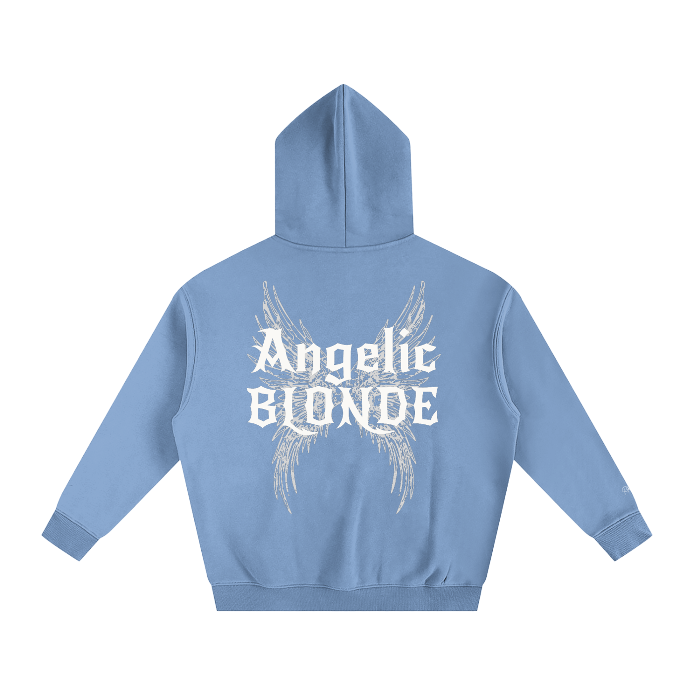 light blue oversized fleeced hoodie with a back print featuring white gothic “Angelic Blonde” text layered over large angel wing artwork.