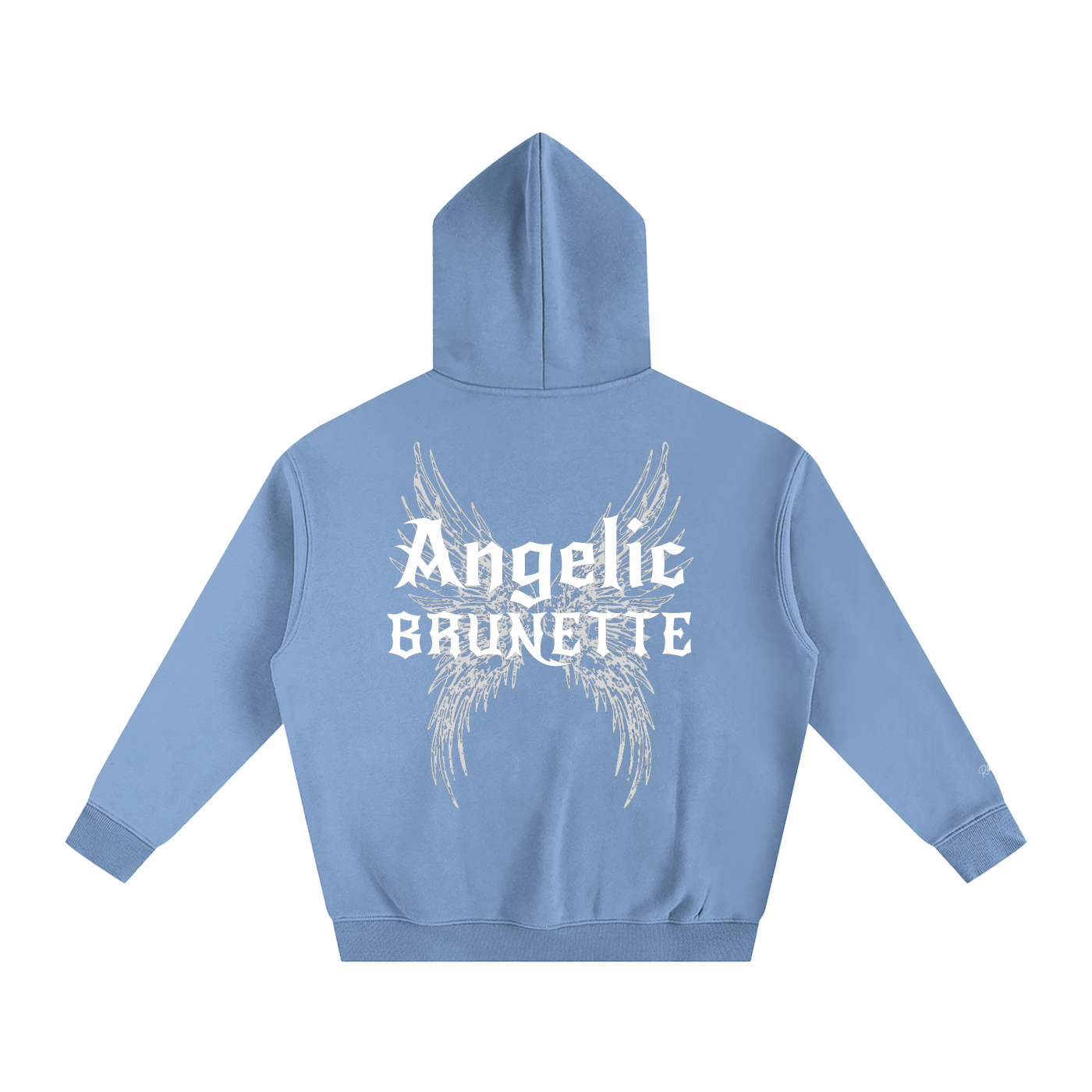 light blue oversized fleeced hoodie with a back print featuring white gothic “Angelic Brunette” text layered over large angel wing artwork.