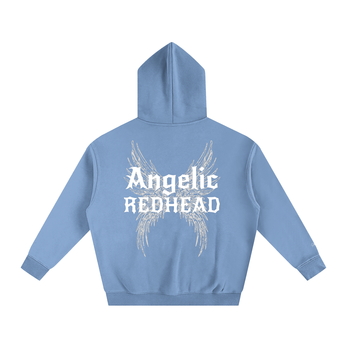 light blue oversized fleeced hoodie with a back print featuring white gothic “Angelic Redhead” text layered over large angel wing artwork.