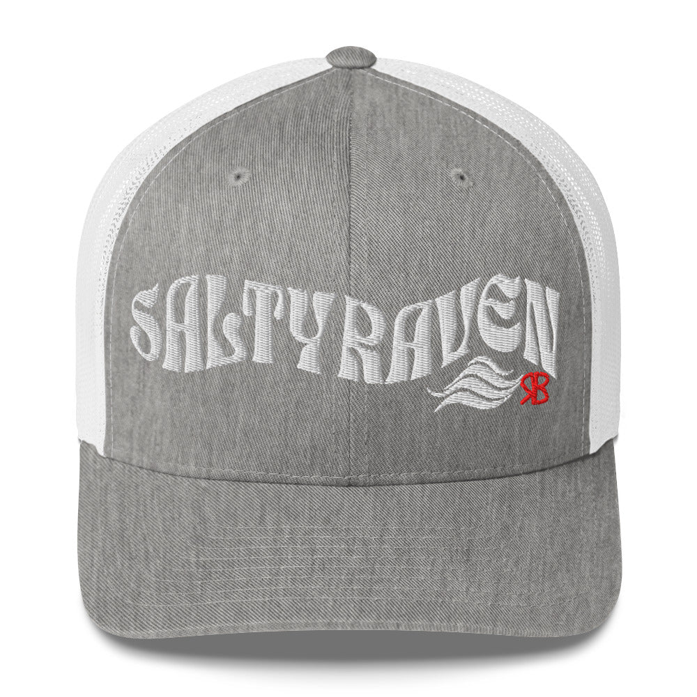 light gray/white trucker cap with 'Salty Raven' in white Solino display font. Branded RB in red