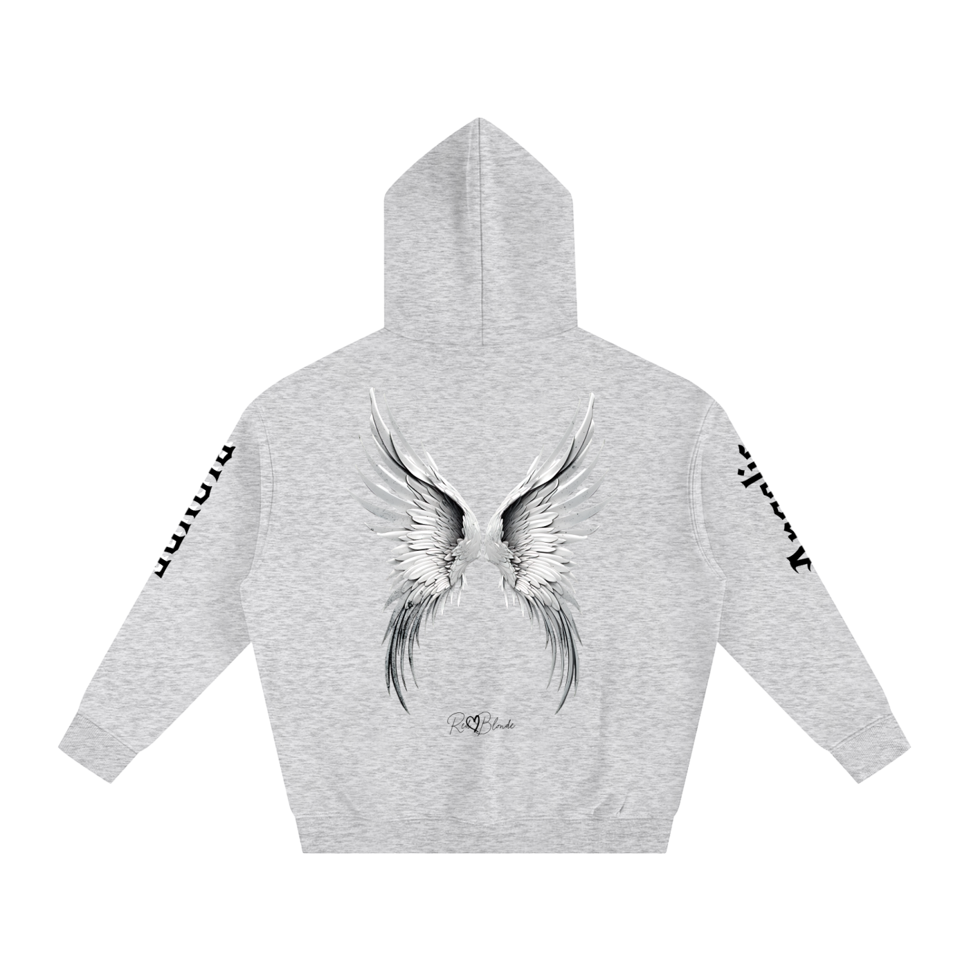Back view of a light grey hoodie featuring large silver angel wings printed across the back, with black RedBlonde signature logo underneath. Each sleeve features gothic New Rockstar font graphic text  one sleeve says 'Angelic' and the other 'Blonde' 