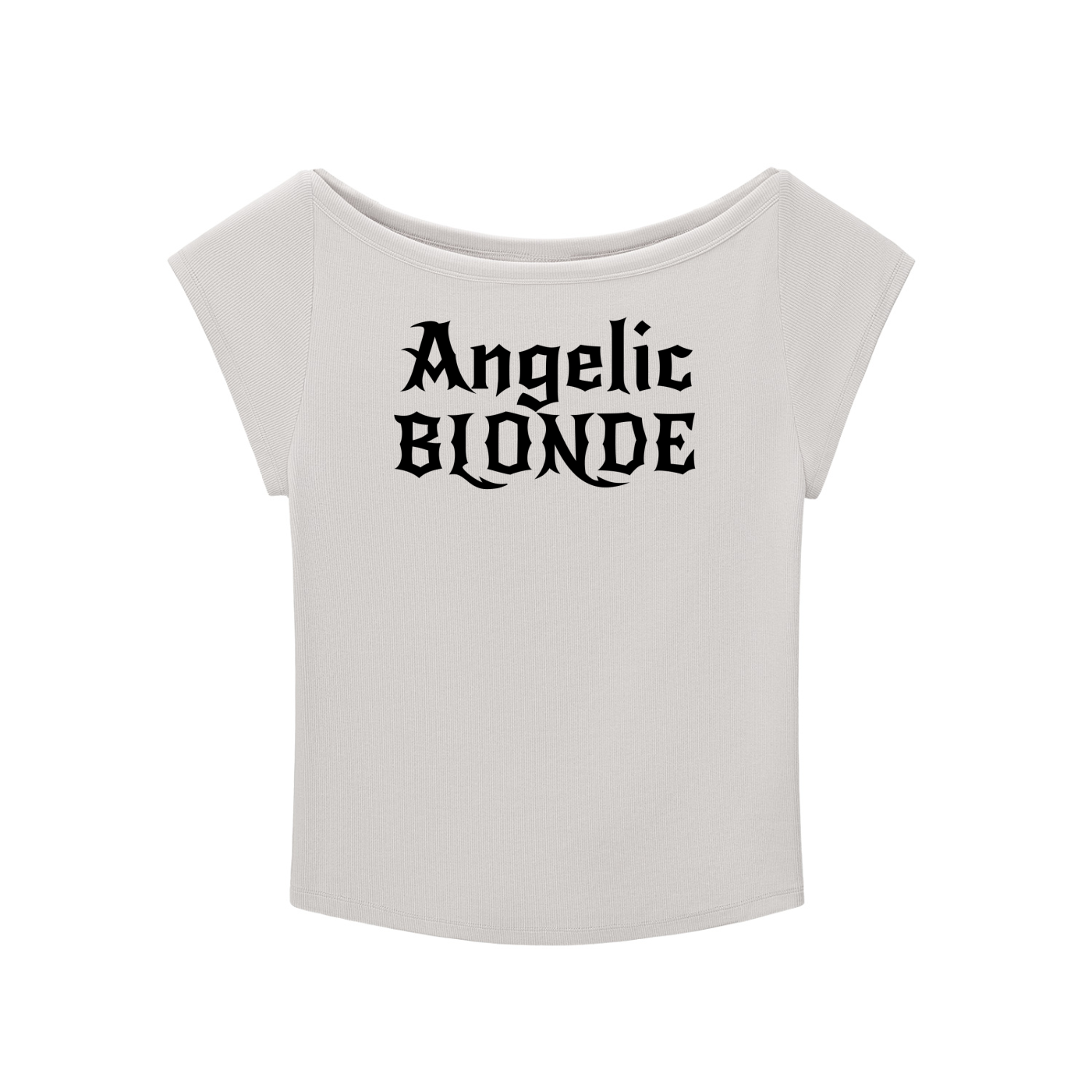 light grey wide-neck t-shirt with black gothic New Rockstar text reading “Angelic Blonde” across the chest.