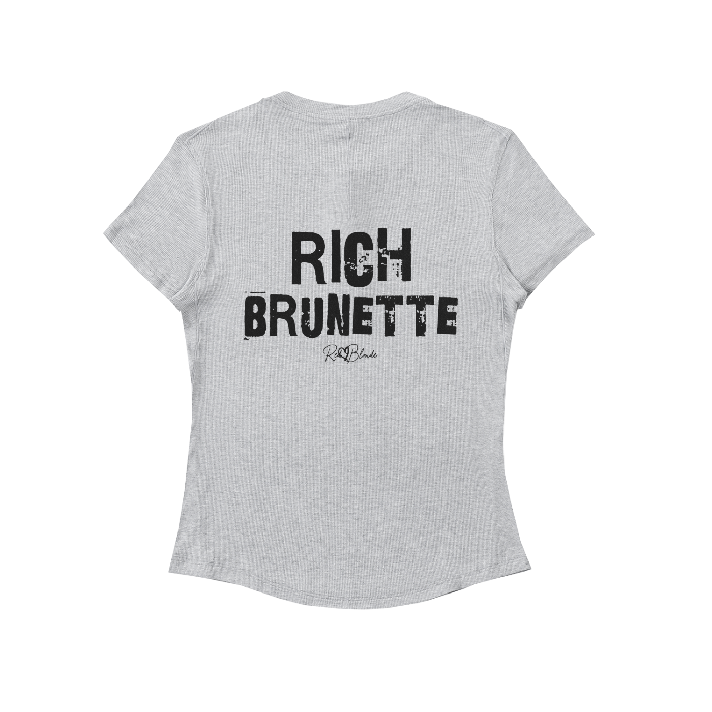 Back view of a light grey slightly fitted women’s henley T-shirt with short sleeves and a gently curved hem. Centered on the upper back is bold distressed black Ed Gein text reading “RICH BRUNETTE” with a small RedBlonde signature script logo beneath it. The shirt is shown on a plain white background.