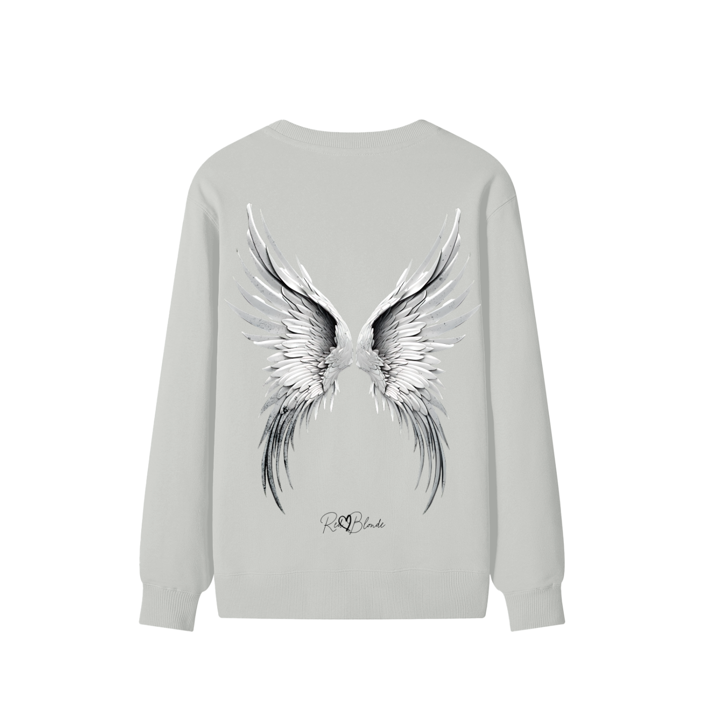 Angelic Redhead back view of light grey sweatshirt featuring a striking pair of detailed silver-grey angel wings printed across the back, with the RedBlonde signature logo beneath the design.