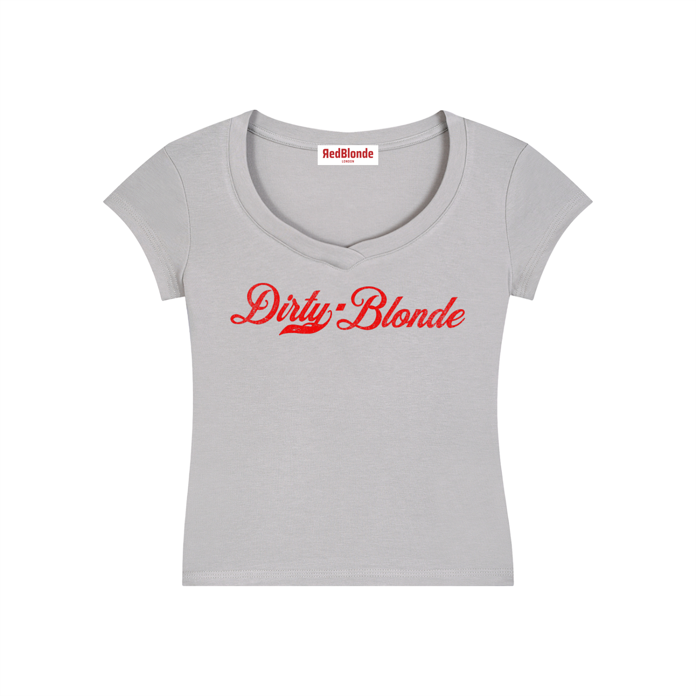 A fitted light grey V-neck T-shirt laid flat on a white background. It has short sleeves and a red Milkstore 01 script graphic across the chest reading “Dirty-Blonde.” A small RedBlonde label is visible at the inside back neck.