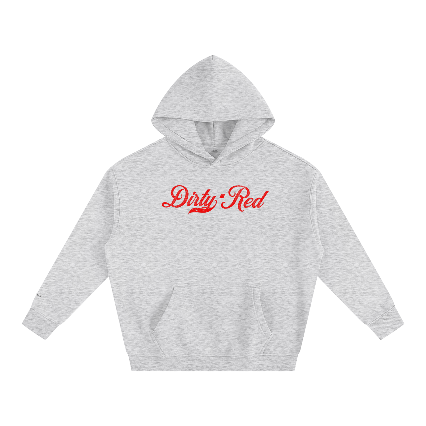 A light grey pullover hoodie laid flat on a white background. It has a kangaroo front pocket and ribbed cuffs and hem. Across the chest is red Milkstore 01 script text reading “Dirty Red.”