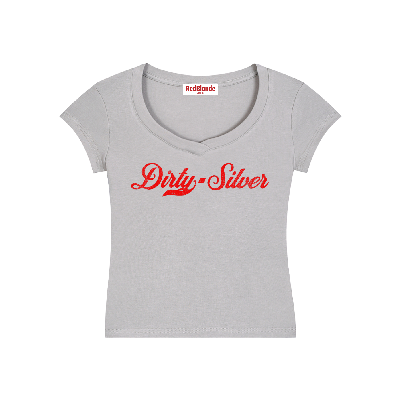 Fitted light grey V-neck T-shirt laid flat on a white background. It has short sleeves and a red Milkstore 01 script graphic across the chest reading “Dirty-Silver.” A small RedBlonde label is visible at the inside back neck.