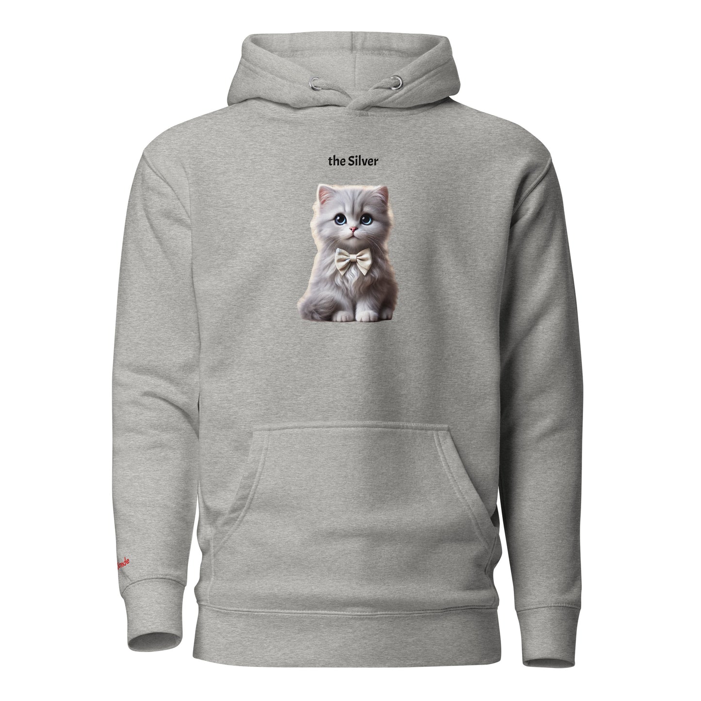 Flatlay of carbon grey relaxed fit unisex hoodie with a cute graphic of a silver kitten wearing a bow-tie and the words 'the Silver' linking to silver hair. Branded RedBlonde in red on inside neck and right cuff