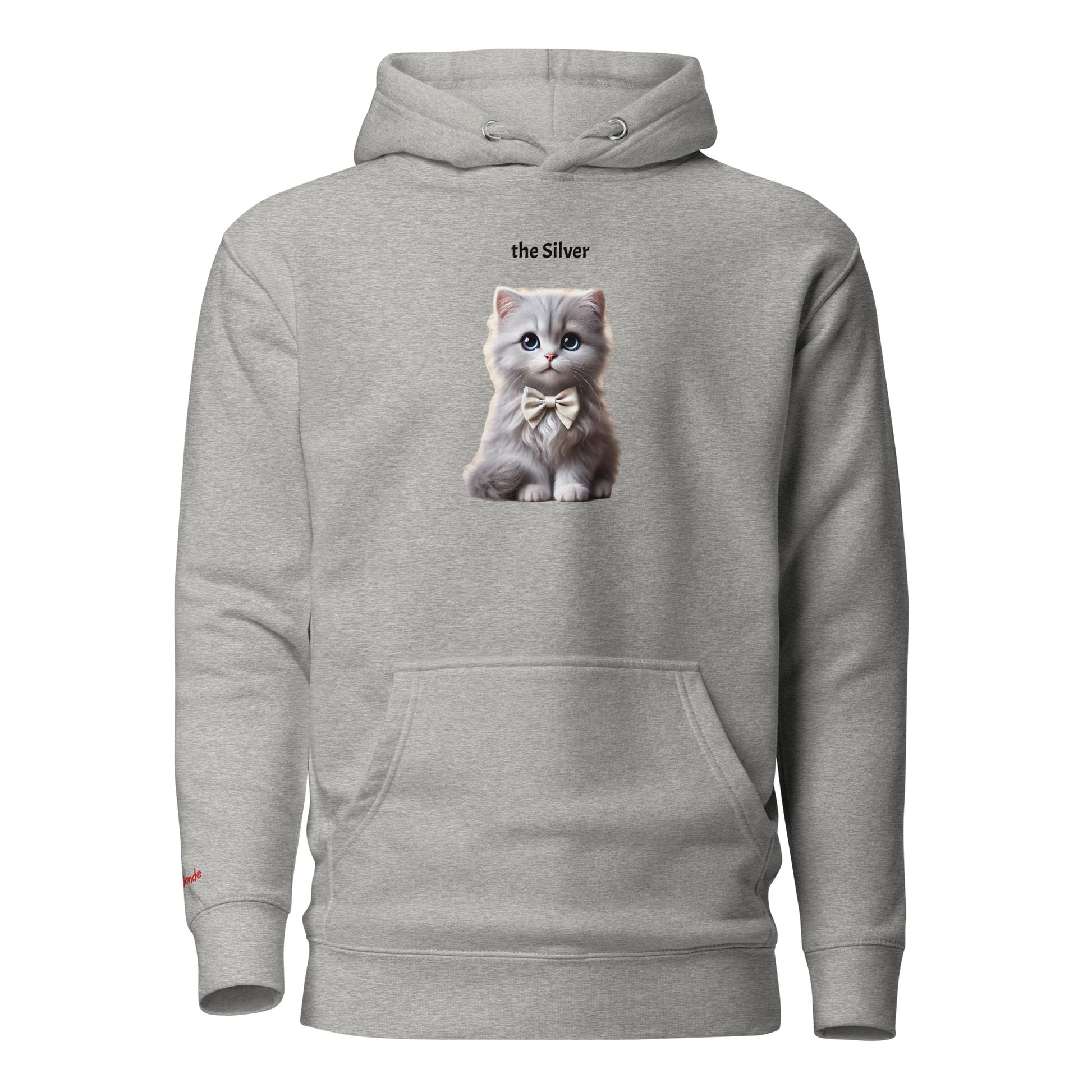 Flatlay of carbon grey relaxed fit unisex hoodie with a cute graphic of a silver kitten wearing a bow-tie and the words 'the Silver' linking to silver hair. Branded RedBlonde in red on inside neck and right cuff