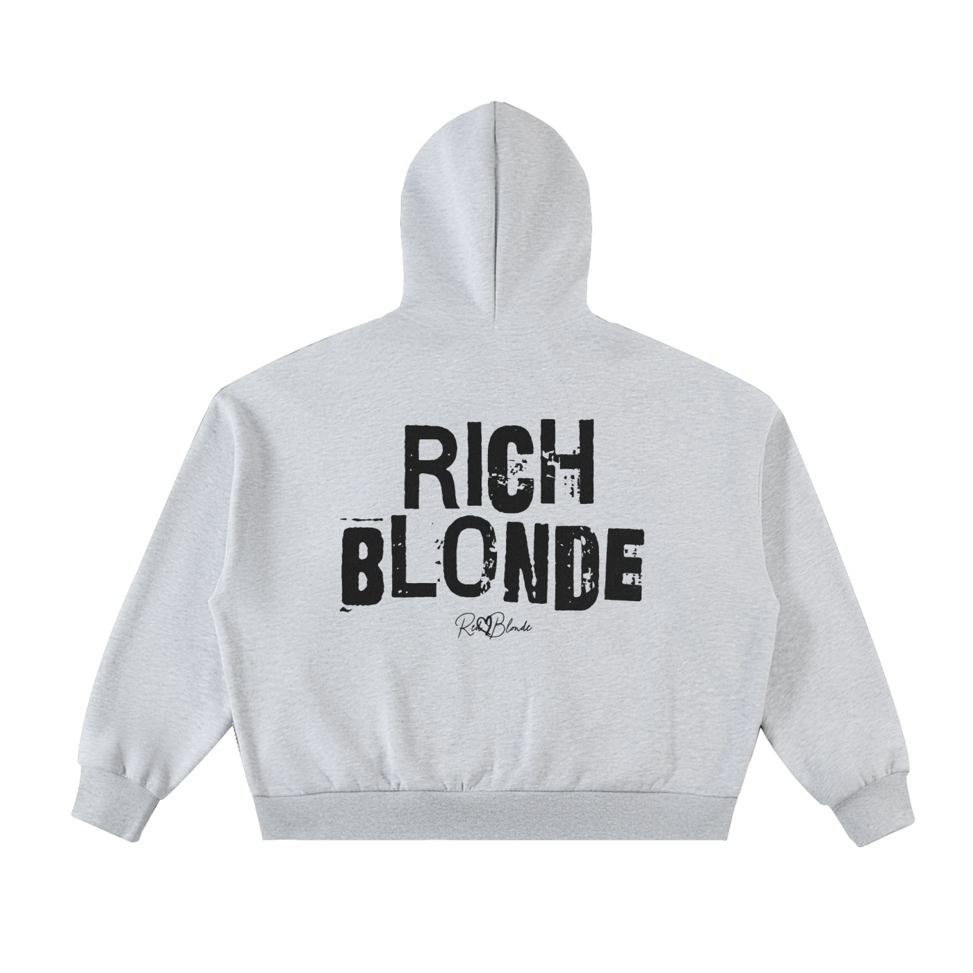 grey hem to hood zip-up hoodie with cropped oversized fit and ribbed cuffs/hem, featuring large distressed black “RICH BLONDE” Ed Gein text across the back with a small “RedBlonde” script logo beneath.
