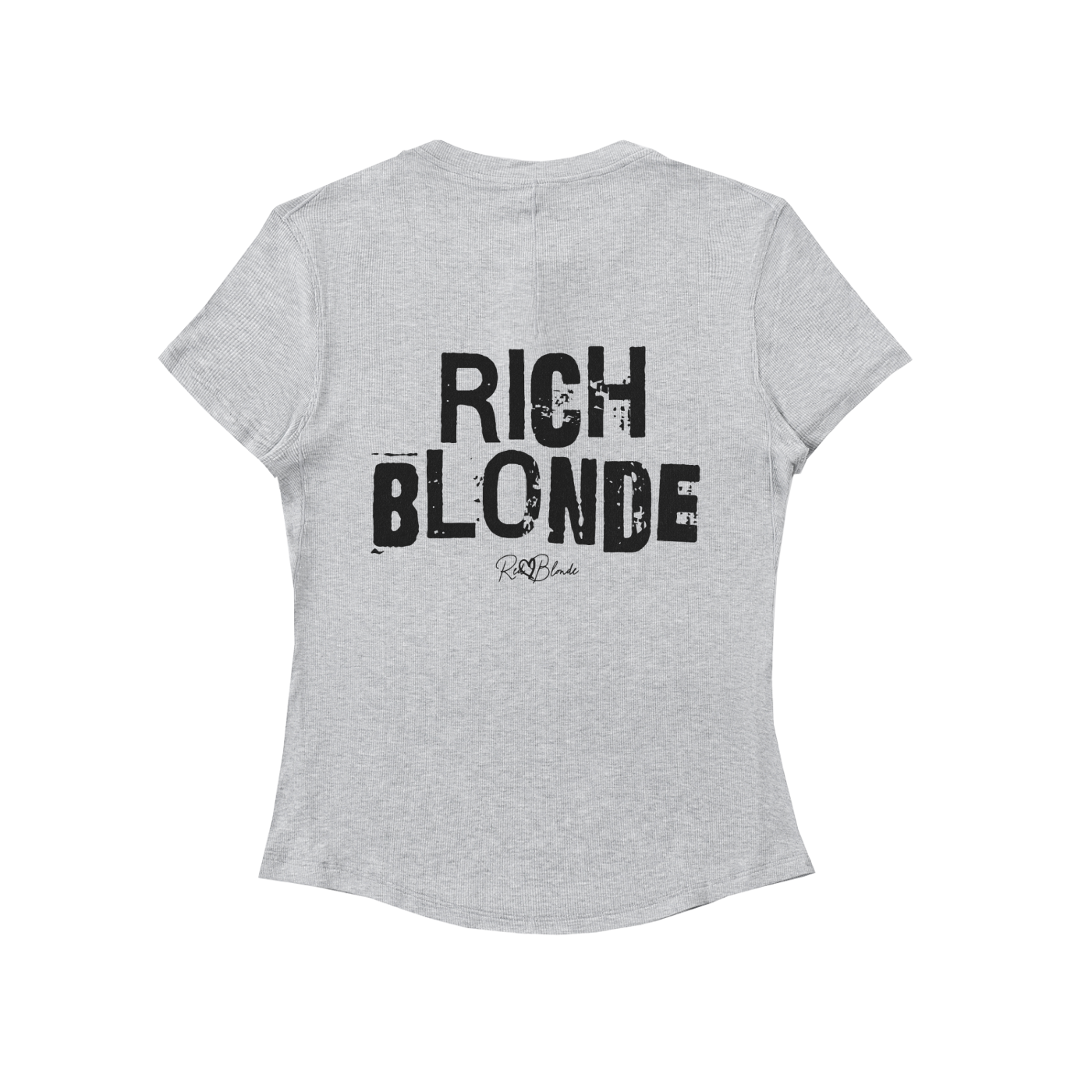 Back view of a light grey, slightly fitted women’s henley T-shirt with short sleeves and a gently curved hem. Centered on the upper back is bold distressed black Ed Gein text reading “RICH BLONDE,” with a small RedBlonde signature script logo beneath it. The shirt is shown on a plain white background.