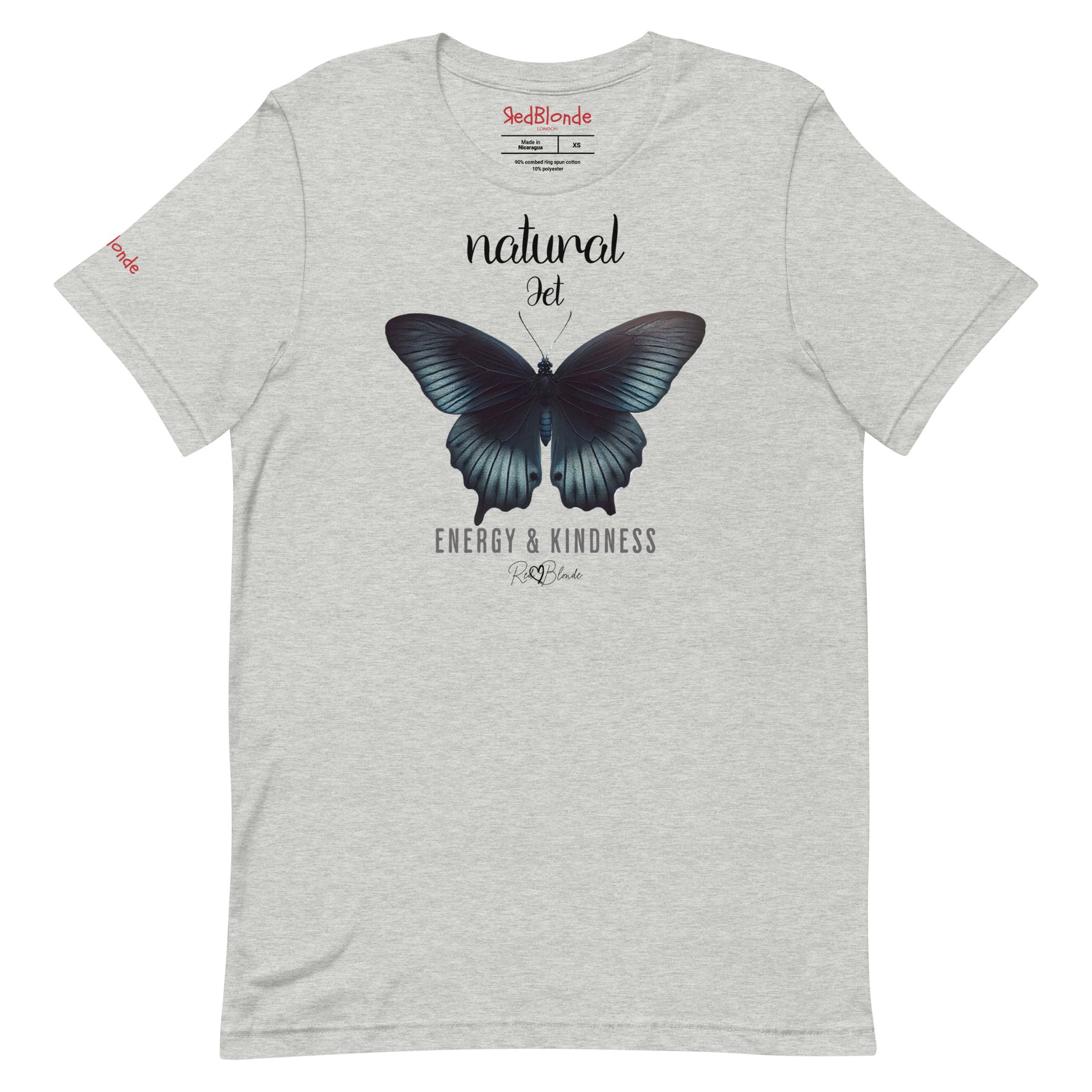 Flatlay of light grey unisex relaxed fit t-shirt with the words natural Jet in arionna font above a graphic of a black butterfly with 'ENERGY & KINDNESS' below in  adventurer 06 font signed off by RedBlonde. Branded RedBlonde London on inside neck and right sleeve