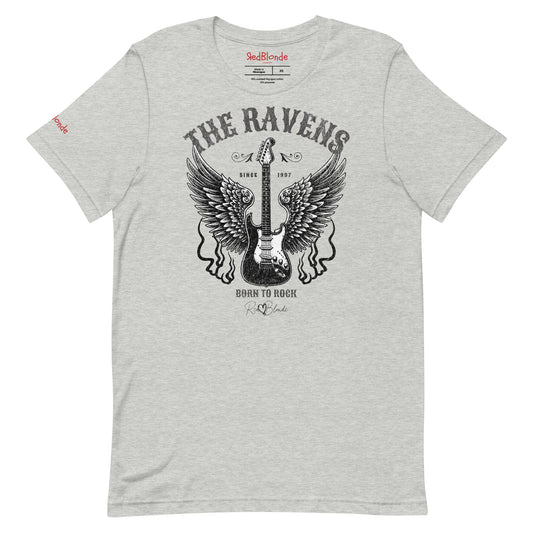 A flatlay of a light grey unisex t-shirt with a graphic of a black & white guitar with raven bird wings emerging from the side. The graphic features ‘THE RAVENS’ in Sancreek font in a semicircle above the guitar, while ‘BORN TO ROCK’ is underneath. Branded RedBlonde London in inside neck and right sleeve