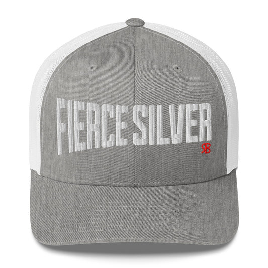 light grey/white retro trucker cap with bold white embroidered text “Fierce Silver” across the front, featuring a small red RB logo on the side.
