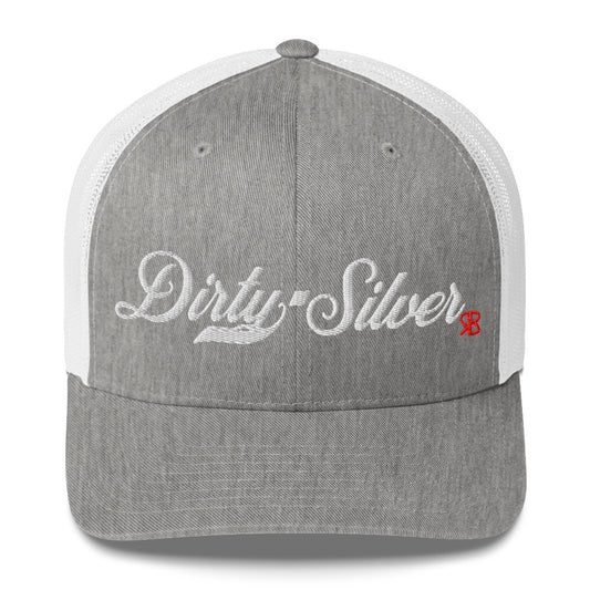 light grey/white trucker cap with 'Dirty Silver' in white milkstore font. Branded RB in Red