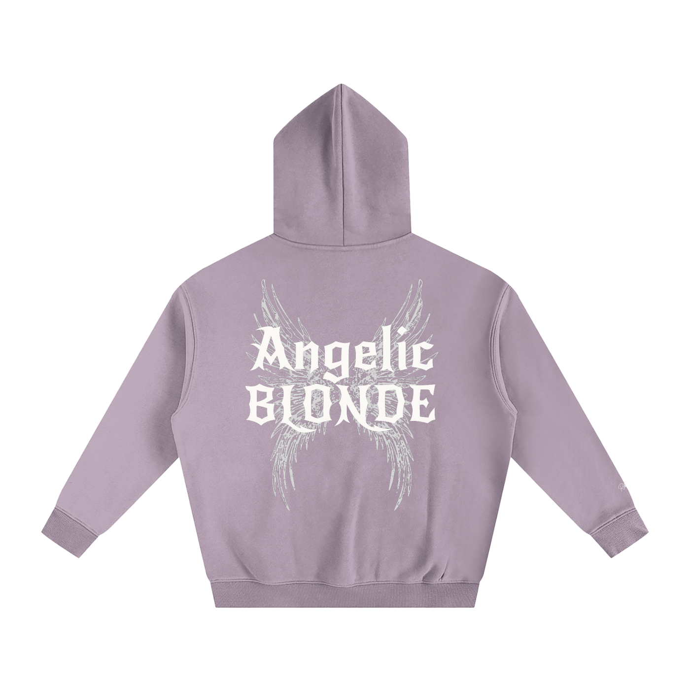 Lilac oversized fleeced hoodie with a back print featuring white gothic “Angelic Blonde” text layered over large angel wing artwork.