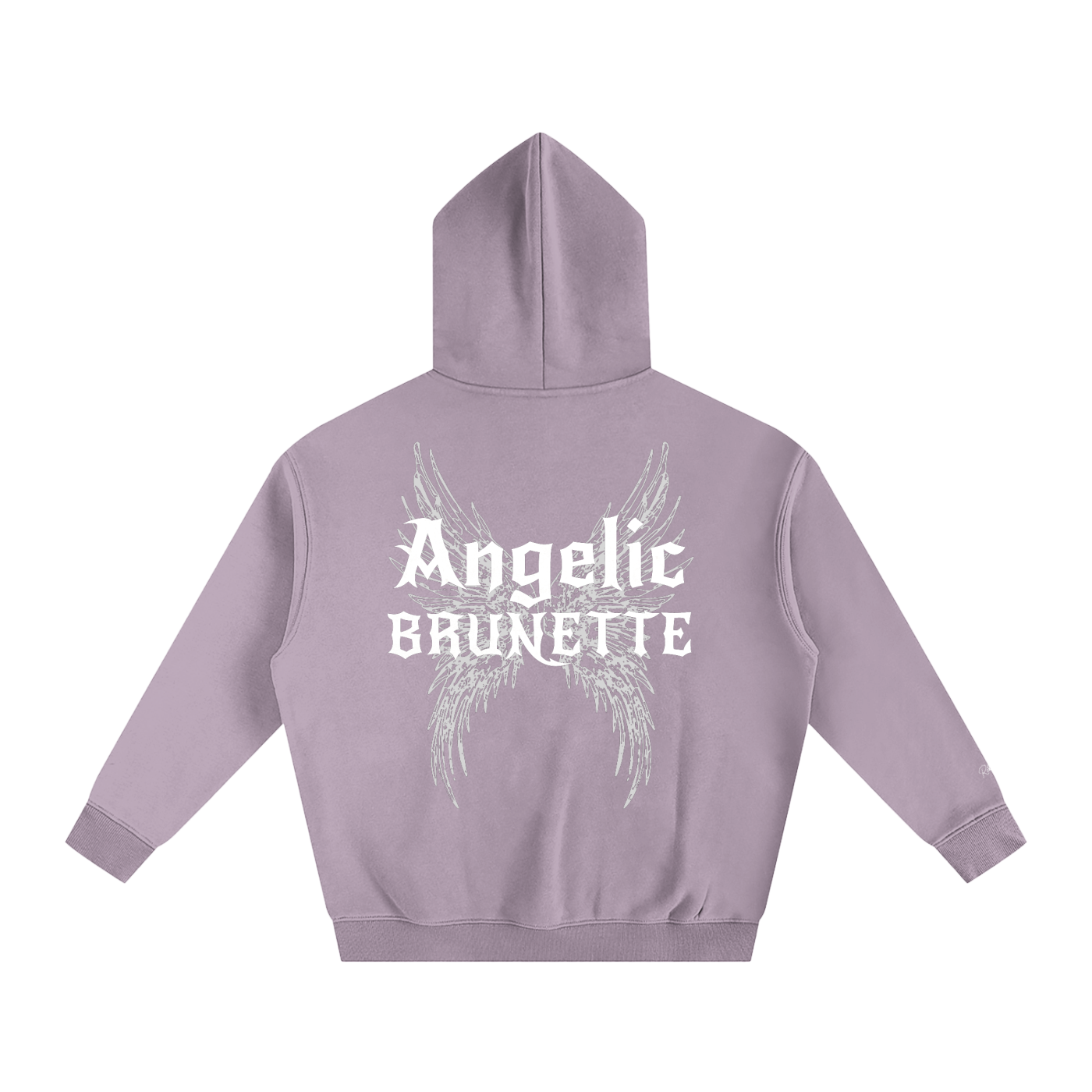 lilac oversized fleeced hoodie with a back print featuring white gothic “Angelic Brunette” text layered over large angel wing artwork.