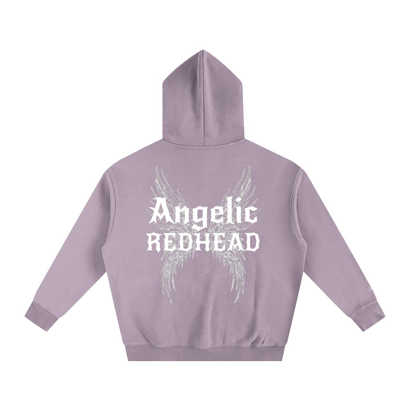 lilac oversized fleeced hoodie with a back print featuring white gothic “Angelic Redhead” text layered over large angel wing artwork.