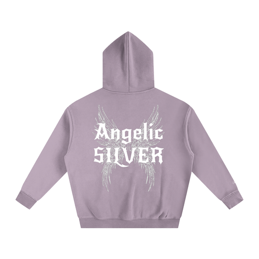 lilac oversized fleeced hoodie with a back print featuring white gothic “Angelic Silver” text layered over large angel wing artwork.