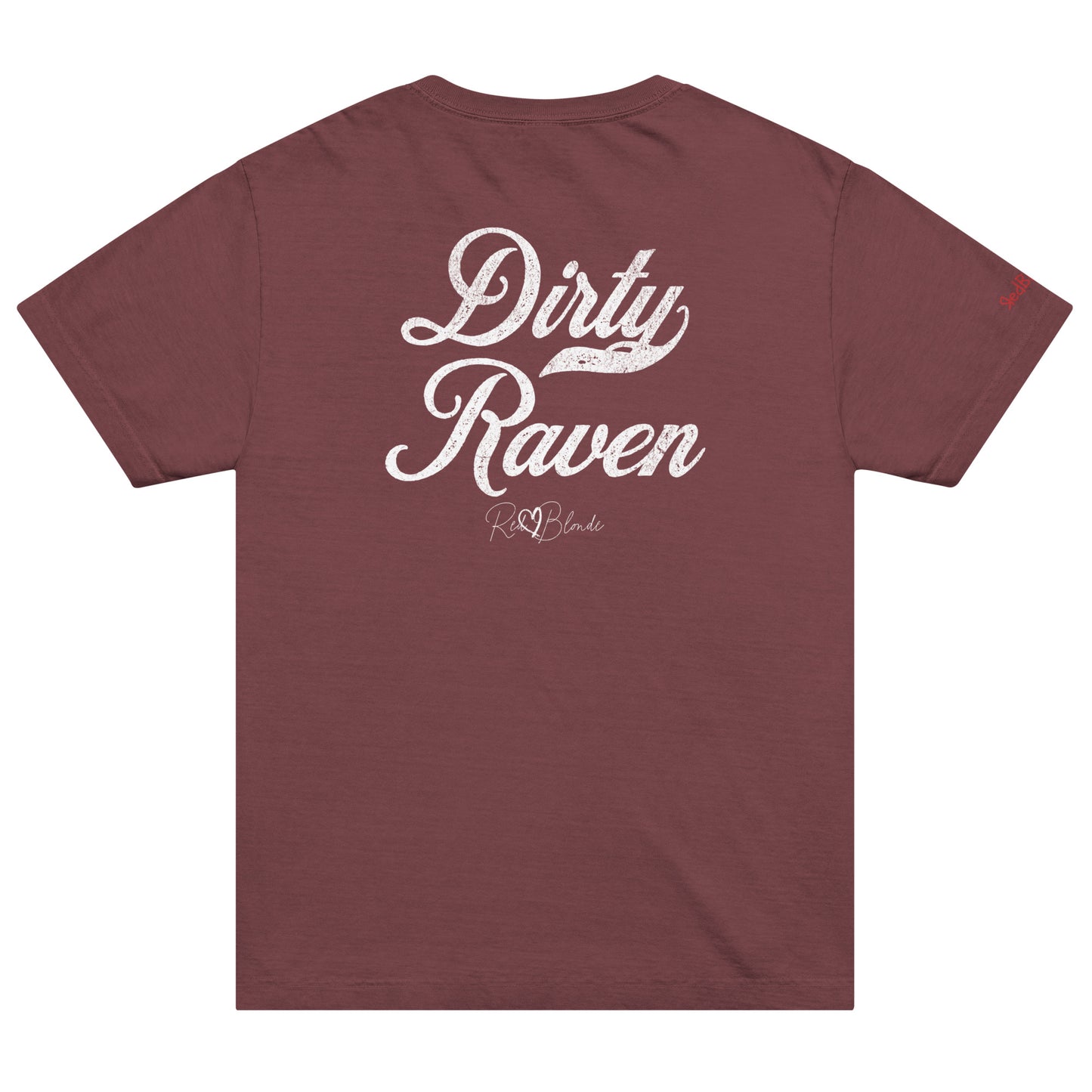 Back view of a maroon vintage wash oversized unisex T-shirt with bold white Milkstore 01 vintage-style script reading “Dirty Raven” and the RedBlonde signature logo beneath, plus a small RedBlonde logo detail on the right sleeve. 