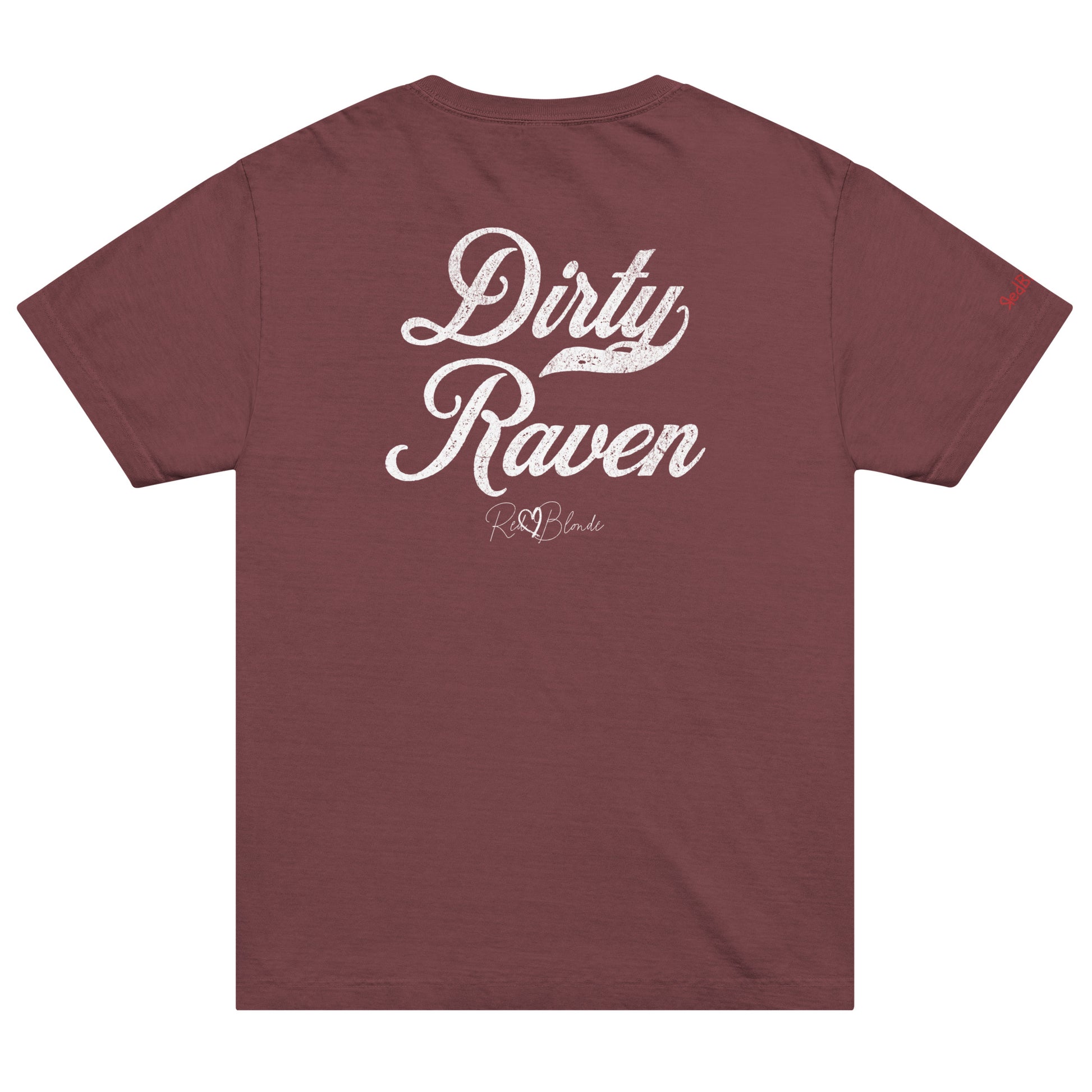 Back view of a maroon vintage wash oversized unisex T-shirt with bold white Milkstore 01 vintage-style script reading “Dirty Raven” and the RedBlonde signature logo beneath, plus a small RedBlonde logo detail on the right sleeve. 